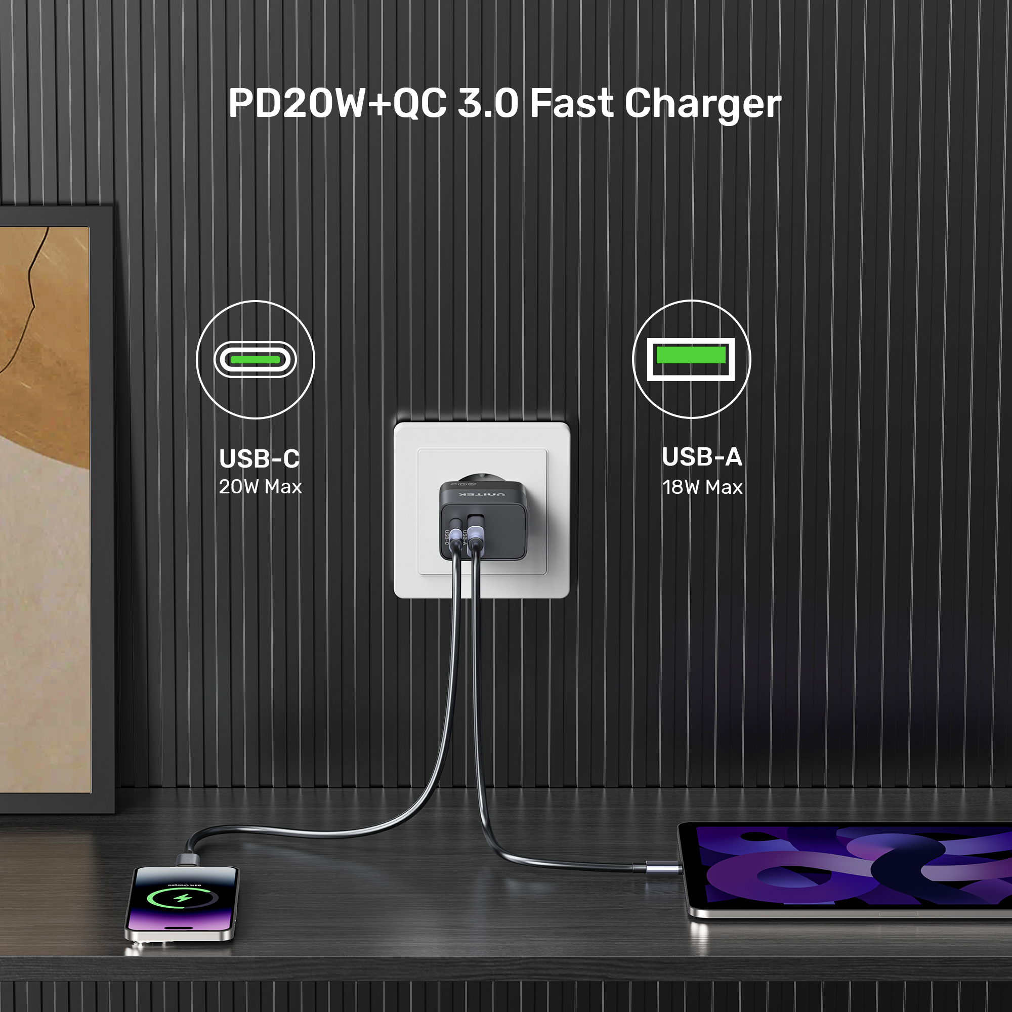 Unitek 20W Hızlı Şarj Adaptörü 1*USB-C 1*USB-A (P1124ABK-EU)