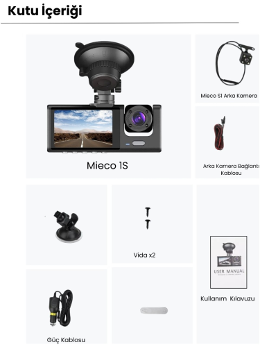 Mieco 1s Wifi/1920p Fhd/170° Ultra Geniş Açı/gece Görüşü Ve G-sensörü/ 3 Kameralı Araç Kamerası 