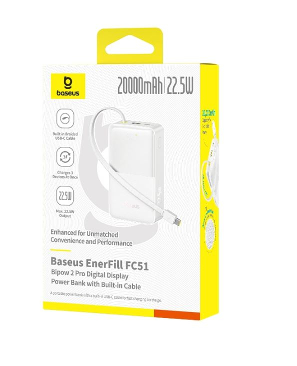 Baseus EnerFill FC51 Bipow2 Pro Beyaz Power Bank 10000mAh 22.5W Taşınabilir Şarj Cihazı
