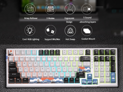 MageGee SKY98 99 Tuş Wireless/Bluetooth/Kablolu RGB Hot-Swap Gasket Siyah-Beyaz Gaming Klavye 