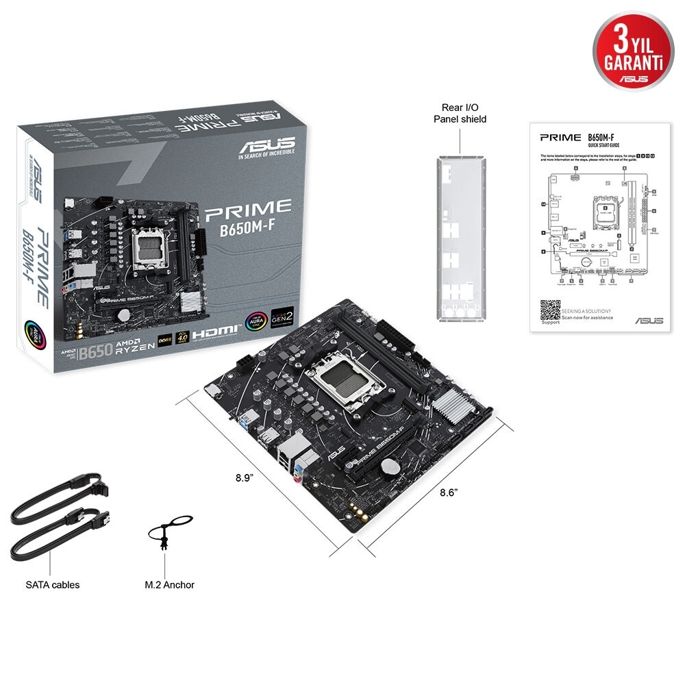ASUS Prime B650M-F AMD B650 AM5 Soket DDR5 7200+(OC)MHz mATX Anakart