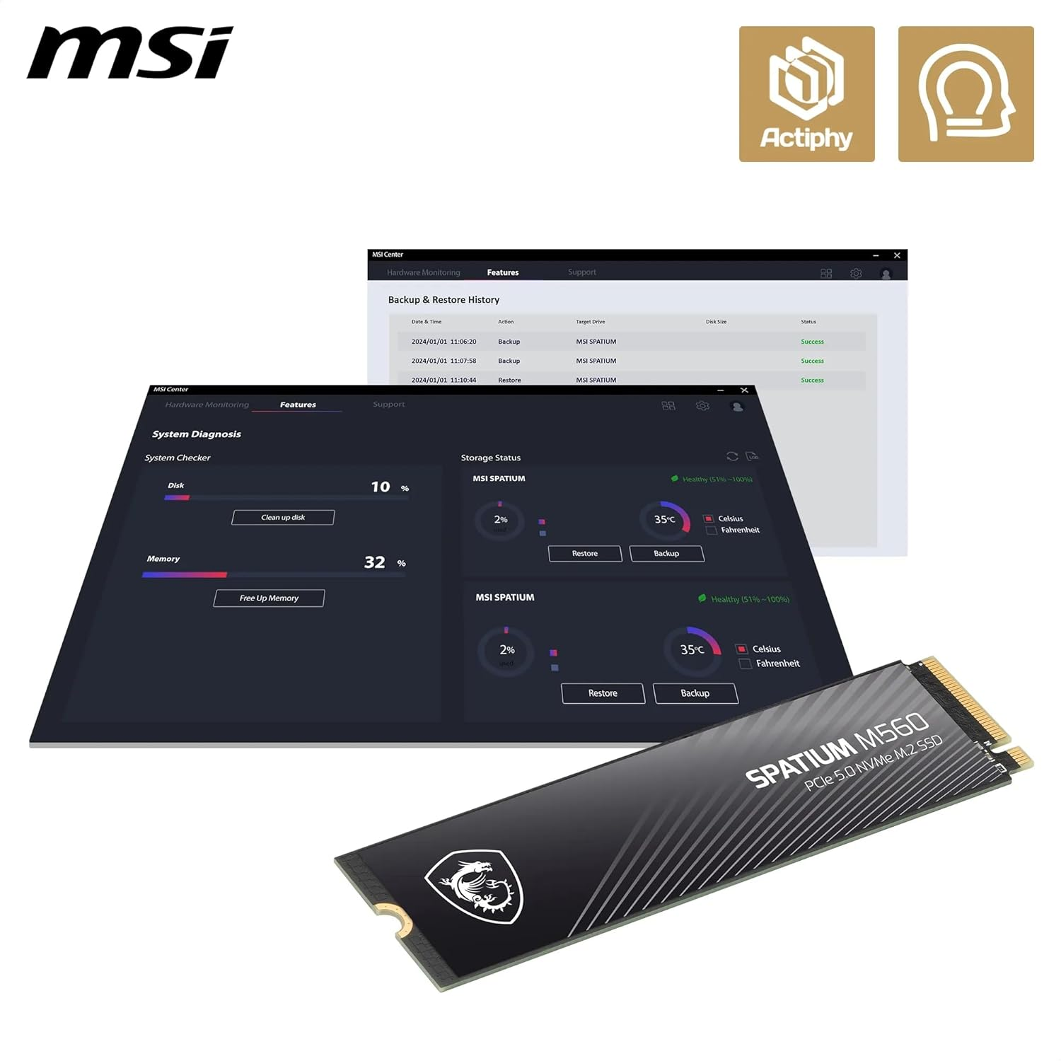 MSI Spatium M560 1 TB 10300/8700MB/s PCIe Gen5.0 NVMe M.2 SSD Disk