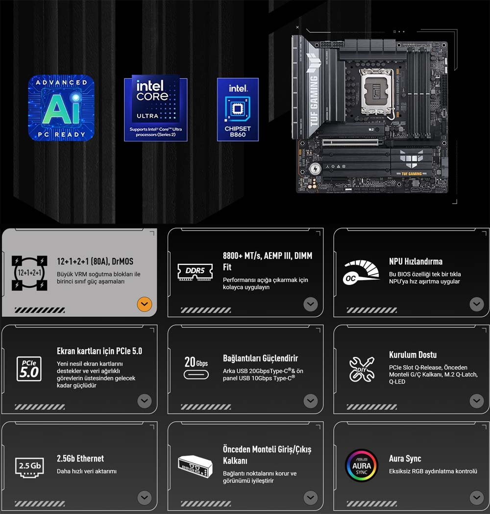 ASUS TUF B860M-PLUS Intel B860 Soket 1851 DDR5 8800+(OC)MHz mATX Gaming Anakart