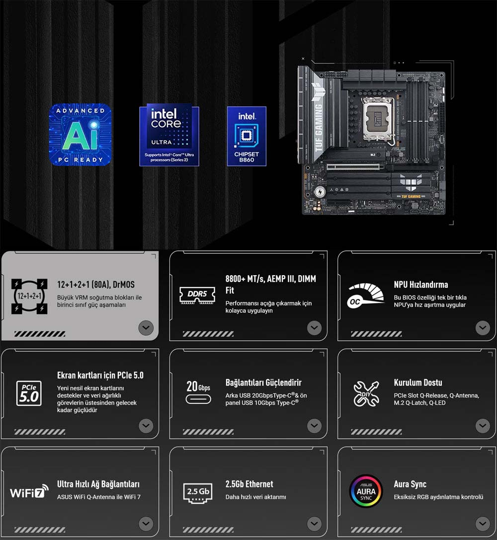 ASUS TUF GAMING B860M-PLUS WIFI Intel B860 Soket 1851 8800+(OC)MHz mATX Gaming (Oyuncu) Anakart