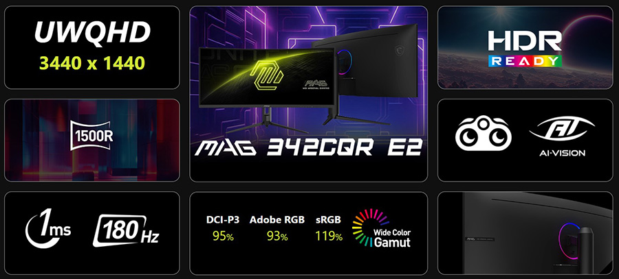 MSI MAG 342CQR E2 34″ 180Hz 1ms HDMI DP FreeSync Premium Pivot UWQHD VA Curved Gaming (Oyuncu) Monitör