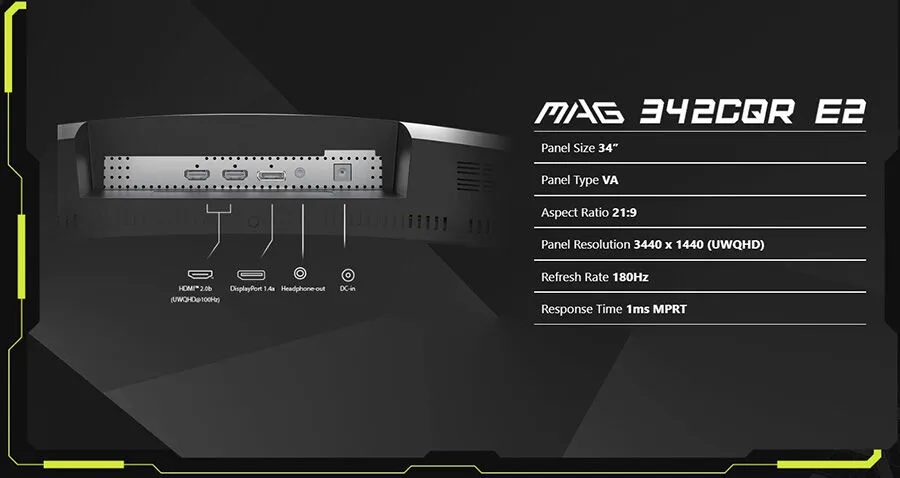 MSI MAG 342CQR E2 34″ 180Hz 1ms HDMI DP FreeSync Premium Pivot UWQHD VA Curved Gaming (Oyuncu) Monitör