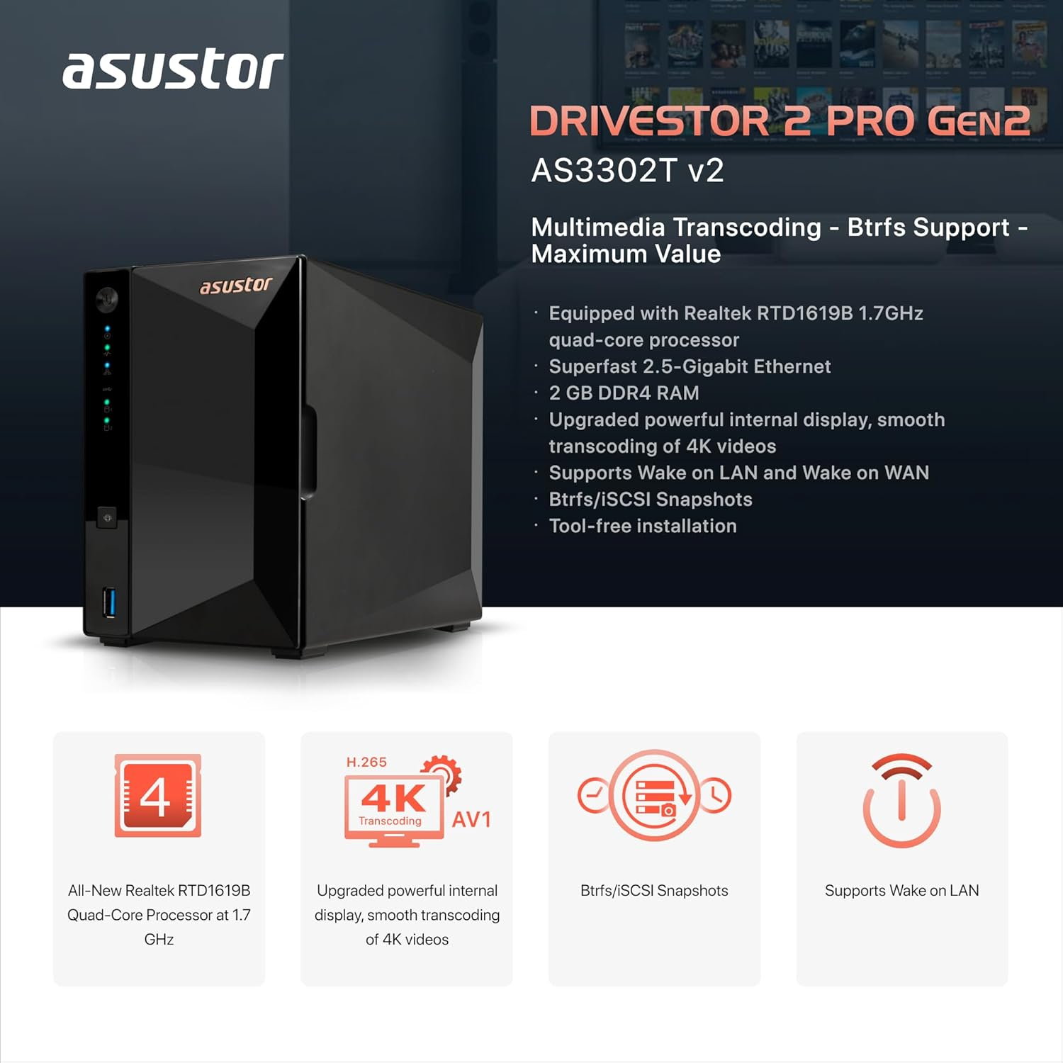 Asustor AS3302T Realtek RTD1296 2 Yuvalı (2x18TB Desteği) 2GB DDR4 2.5GBE Nas Depolama Ünitesi