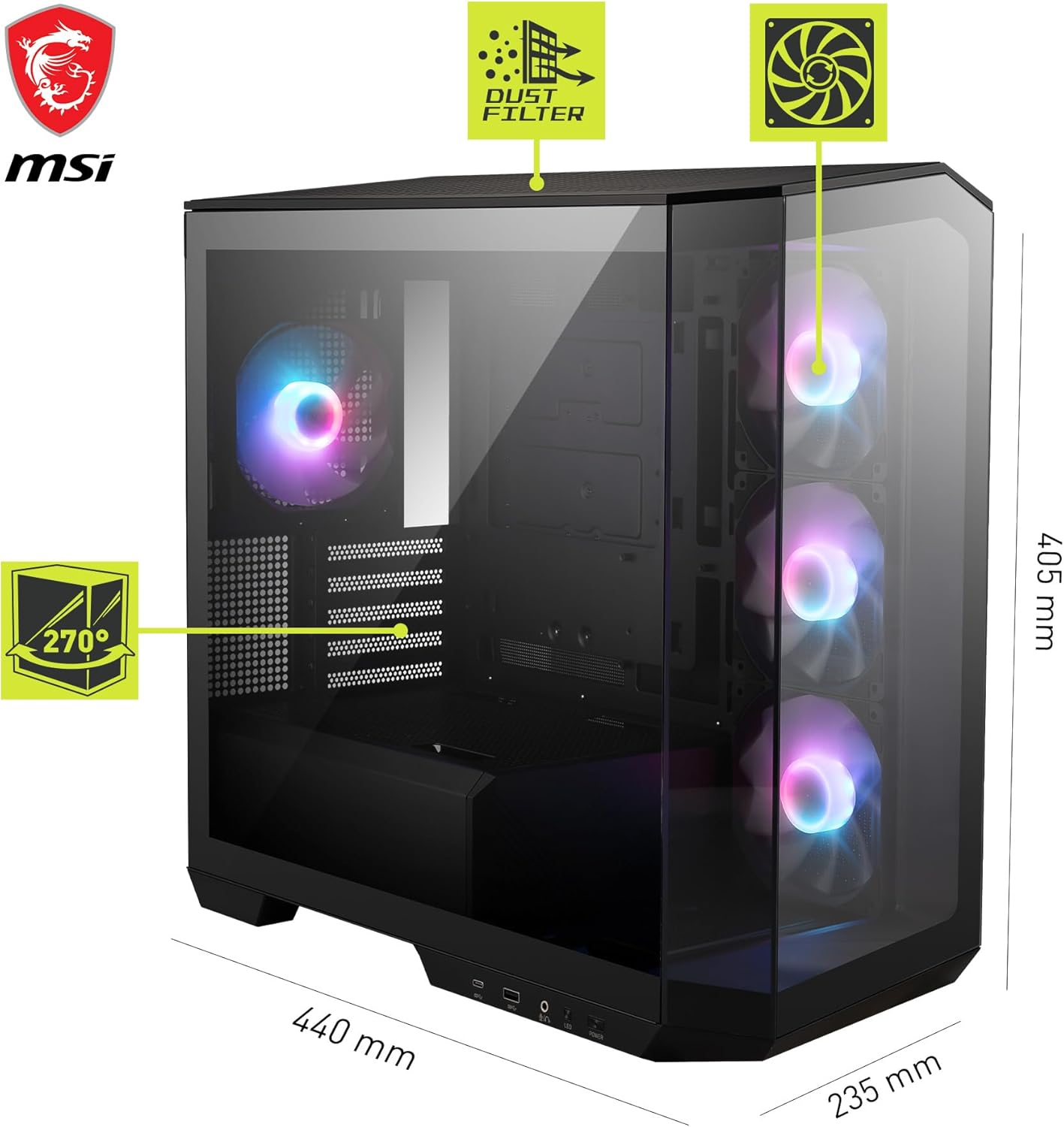 MSI MAG PANO M100R PZ Black 4x120mm ARGB Fan USB 3.2 Micro-ATX Tower Gaming (Oyuncu) Kasa