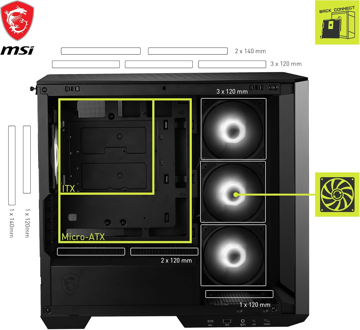 MSI MAG PANO M100R PZ Black 4x120mm ARGB Fan USB 3.2 Micro-ATX Tower Gaming (Oyuncu) Kasa
