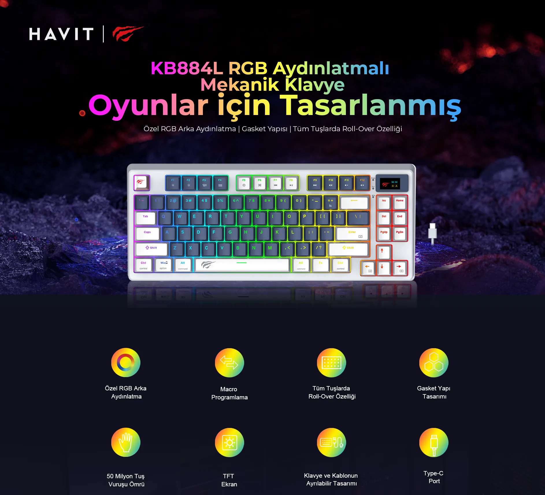 Havit Gamenote KB884L RGB Gaming Mekanik Klavye