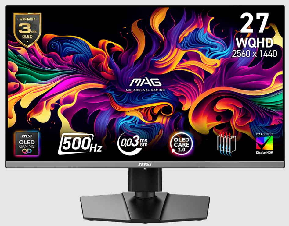 MSI 26.5″ MAG 272QP QD-OLED X50 2560x1440 (WQHD) 16:9 FLAT QD-OLED 500HZ 0.03MS FREESYNC PREMIUM PRO PIVOT GAMING MONITOR