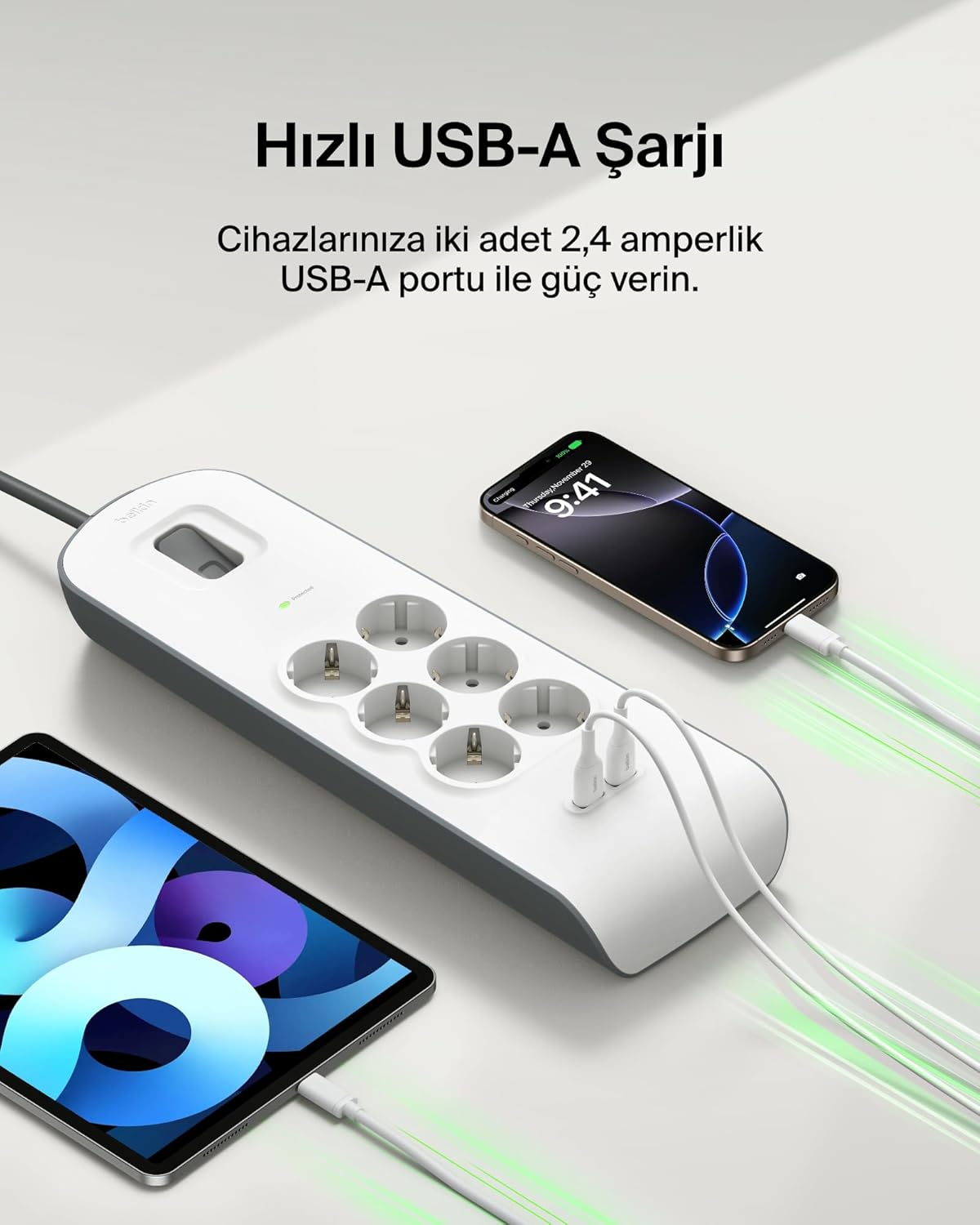 Belkin BSV604VF2M 2 Metre 6`lı Usb-A Akım Korumalı Priz Beyaz