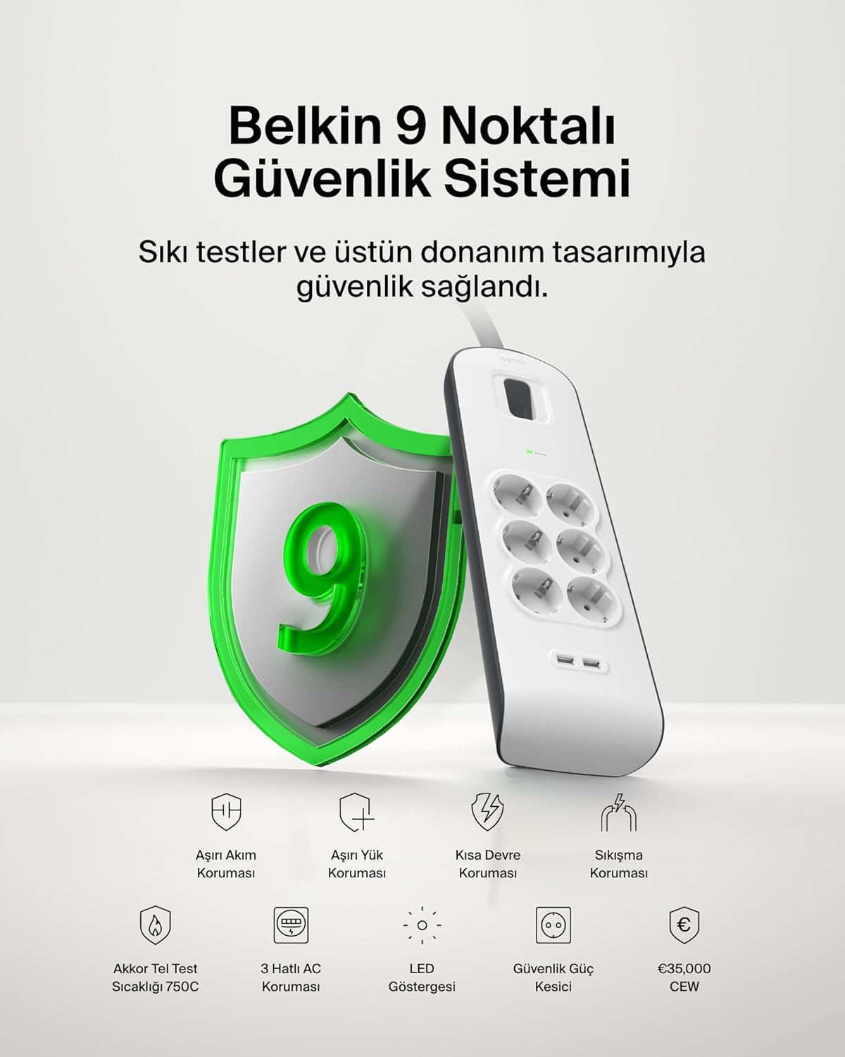 Belkin BSV604VF2M 2 Metre 6`lı Usb-A Akım Korumalı Priz Beyaz