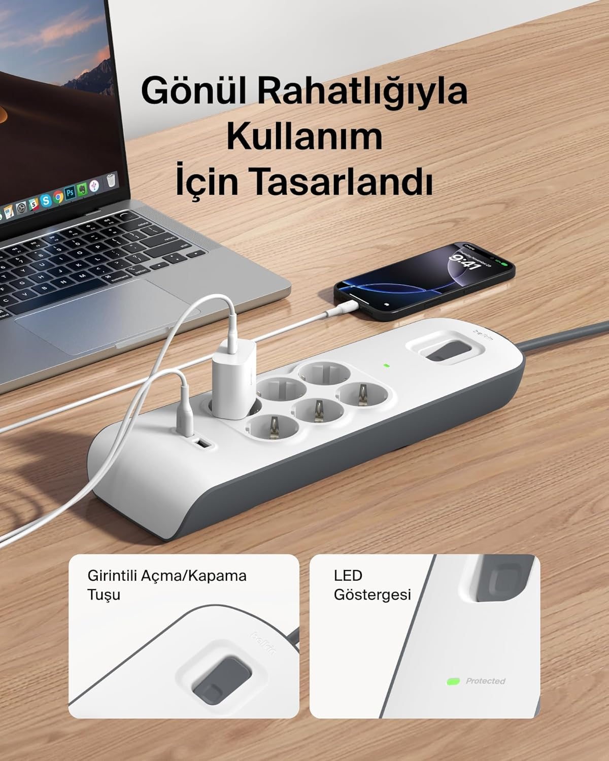 Belkin BSV604VF2M 2 Metre 6`lı Usb-A Akım Korumalı Priz Beyaz