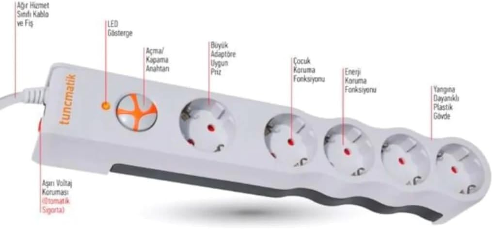 Tunçmatik TSK6134 Powersurge 5`Li 1050 Joule Beyaz 1.5 Mt. Akım Koruyucu Priz