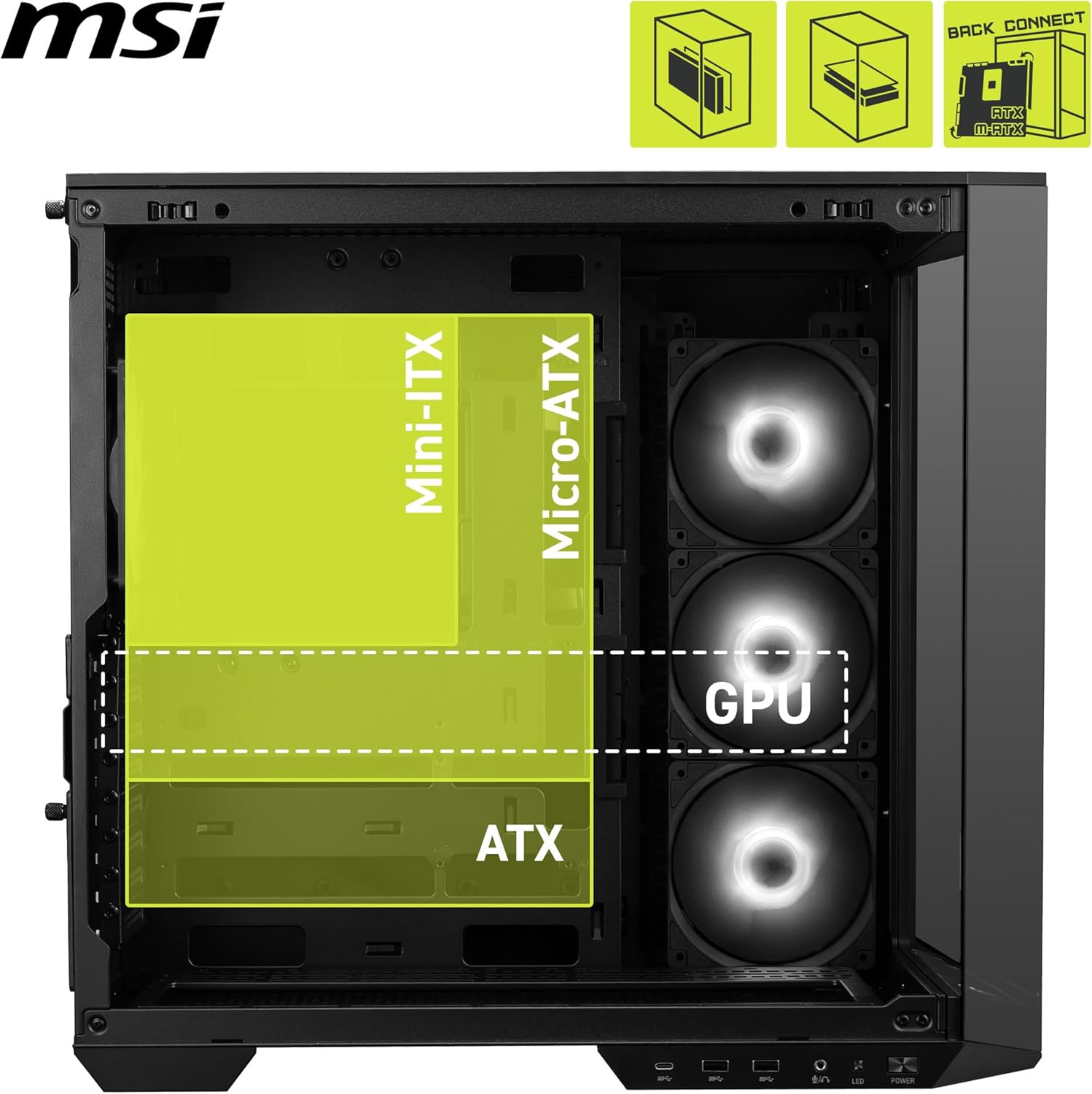 MSI MAG PANO 100R PZ Black 4x120mm ARGB Fan USB 3.2 Micro-ATX Tower Gaming (Oyuncu) Kasa