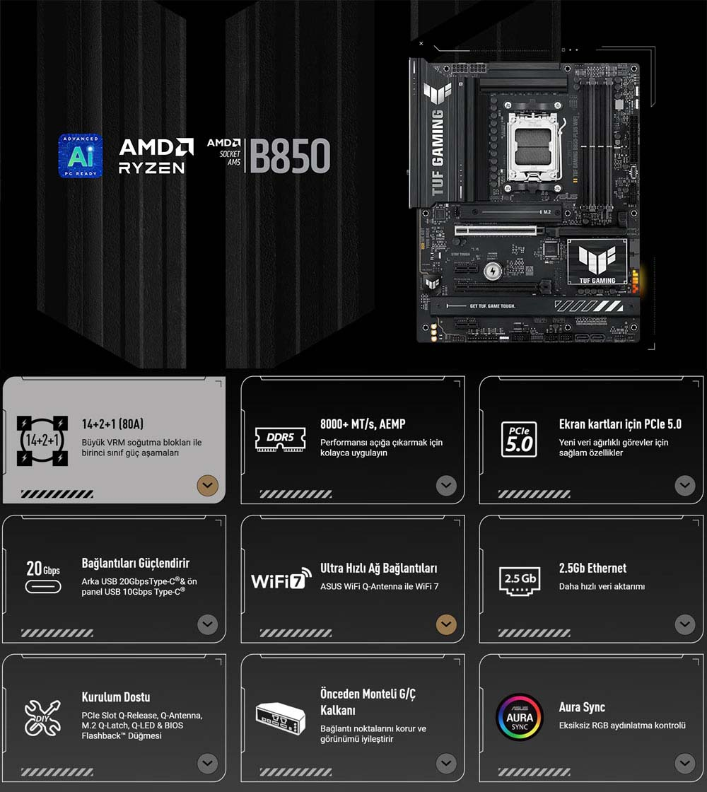 ASUS TUF GAMING B850-PLUS WIFI AMD B850 Soket AM5 DDR5 8000+(OC)MHz ATX Gaming Anakart