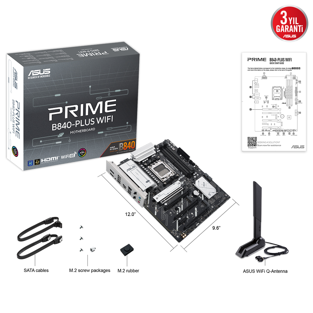 ASUS Prime B840-Plus WiFi AMD B840 Soket AM5 DDR5 7600+(OC)MHz ATX Gaming (Oyuncu) Anakart