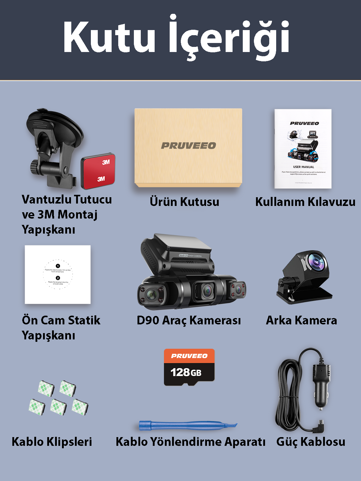 Pruveeo D90-4CH FHD Wi-Fi GPS Araç Kamerası + 128GB SD Kart