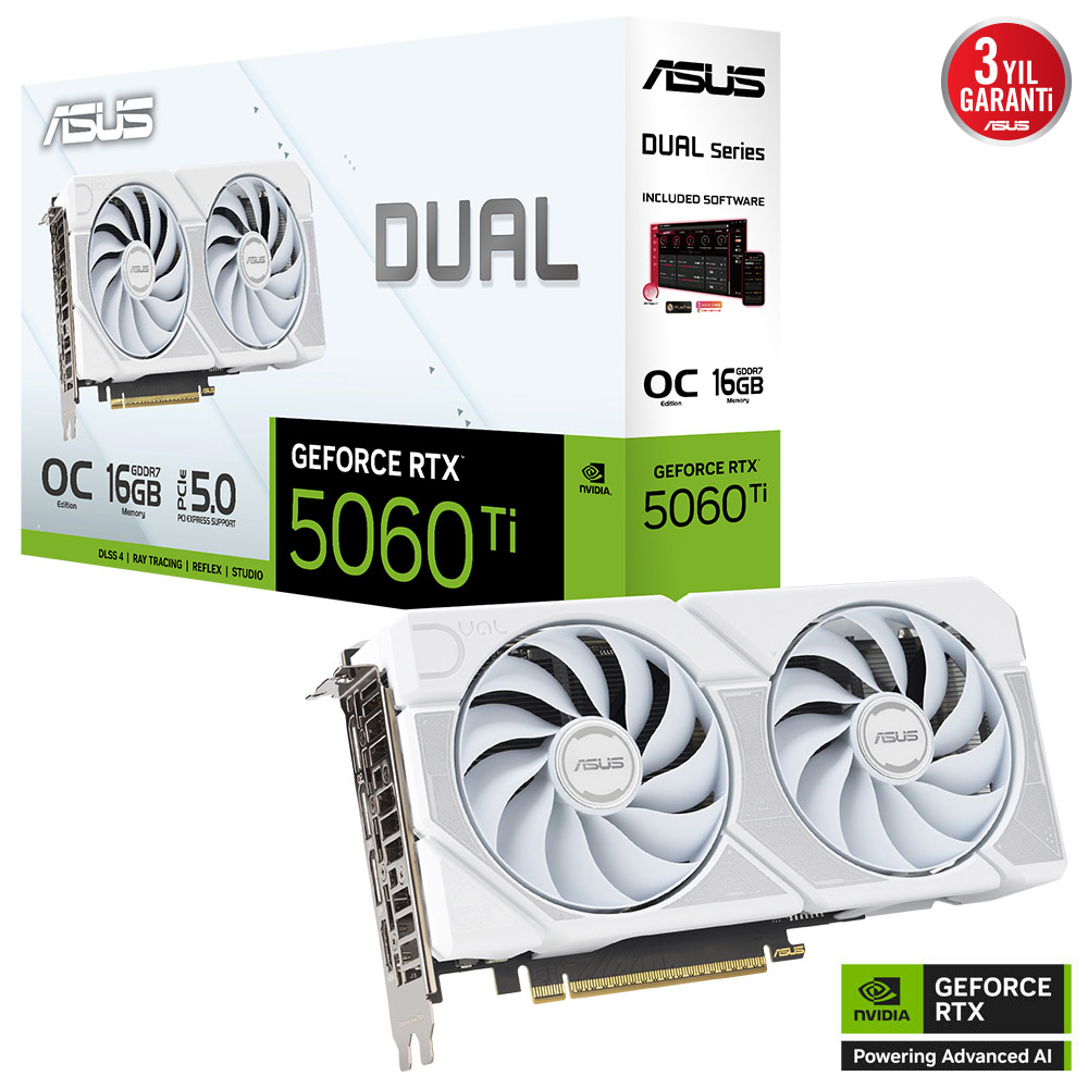 ASUS GeForce RTX 5060 Ti 16GB OC DUAL-RTX5060TI-O16G-WHITE GDDR7 128Bit Gaming (Oyuncu) Ekran Kartı