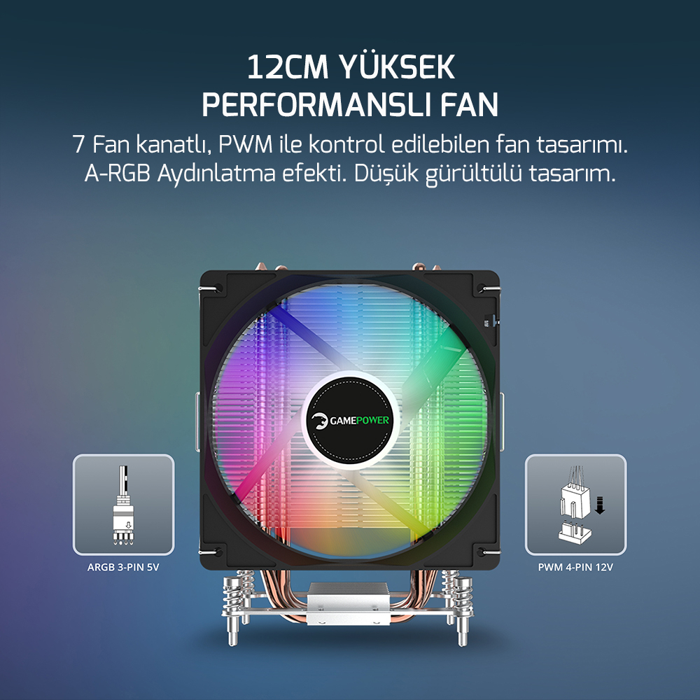 GamePower Glace TC4 ARGB Siyah 1x120mm LGA1851/AM5 İşlemci Hava Soğutucu