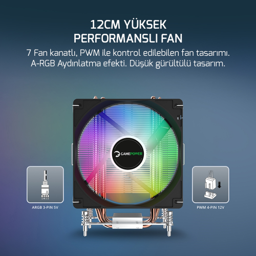 GamePower Glace TC4 ARGB Siyah 1x120mm LGA1851/AM5 İşlemci Hava Soğutucu
