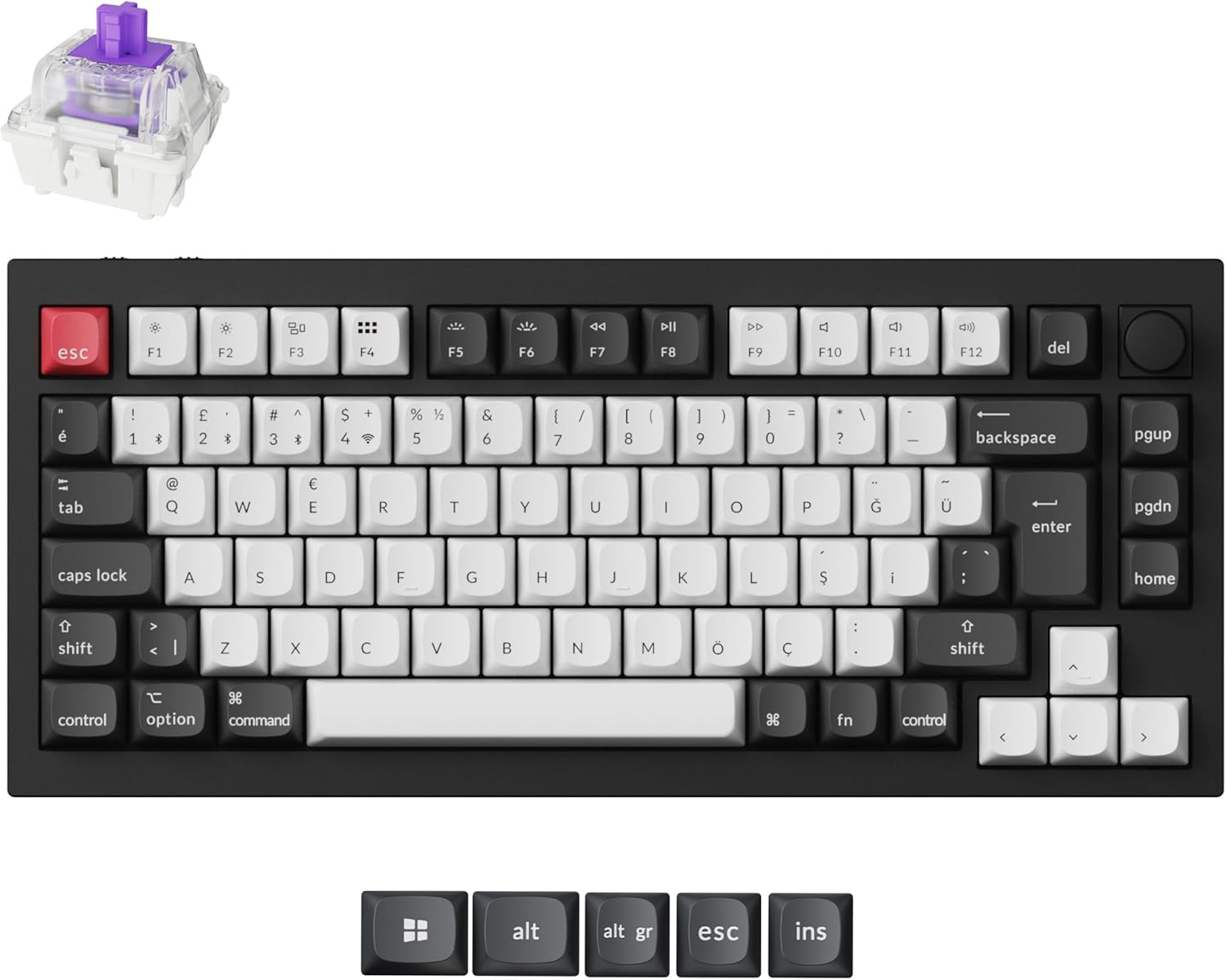 Keychron Q1 Hall Effect %75 RGB Manyetik Switch Kablosuz Hotswap Türkçe Mekanik Siyah Beyaz Gaming (Oyuncu) Klavye - Q1H-M1-TR