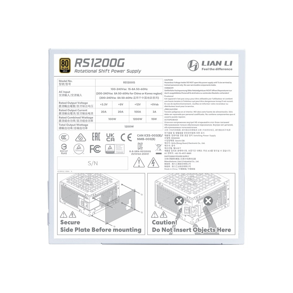 Lian Li RS1200G Beyaz 1200W 80+ Gold ATX Power Supply (G9P.RS1200G.WH00.EU)