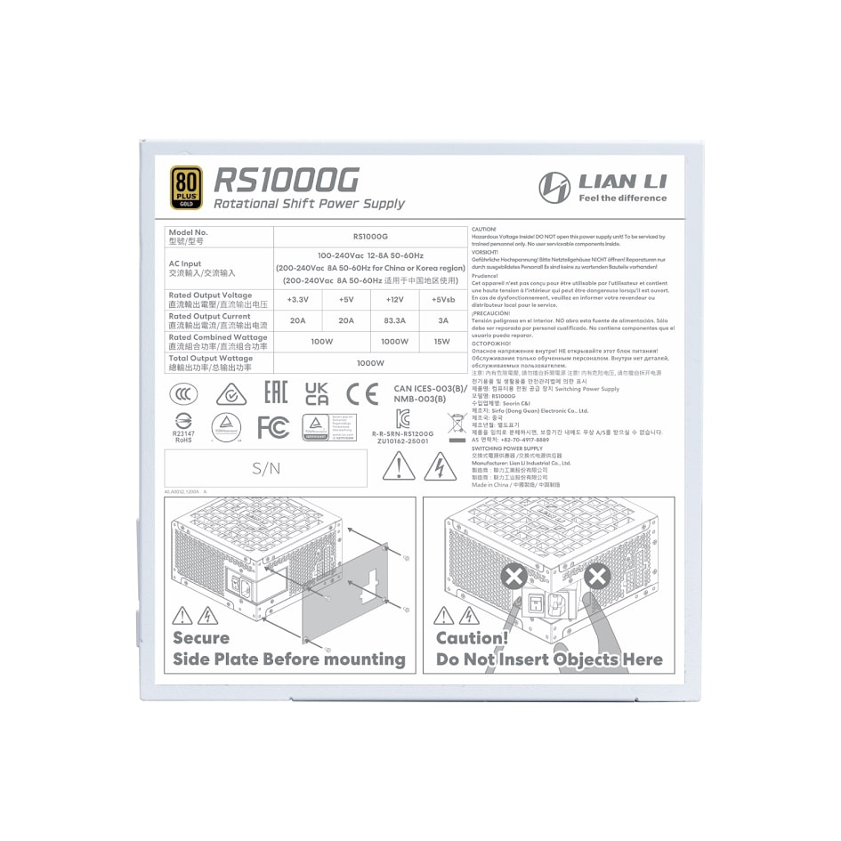 Lian Li RS1000G Beyaz 1000W 80+ Gold ATX POWER SUPPLY (G9P.RS1000G.WH00.EU)
