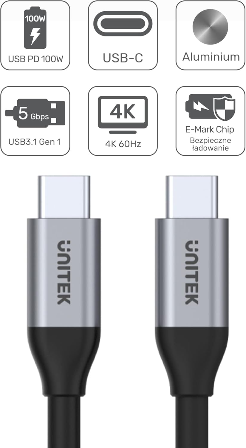 Unitek Type-C to Type-C 100W 2Mt 4K 5Gbps Görüntü Aktarımı Hızlı Şarj Kablosu C14091ABK