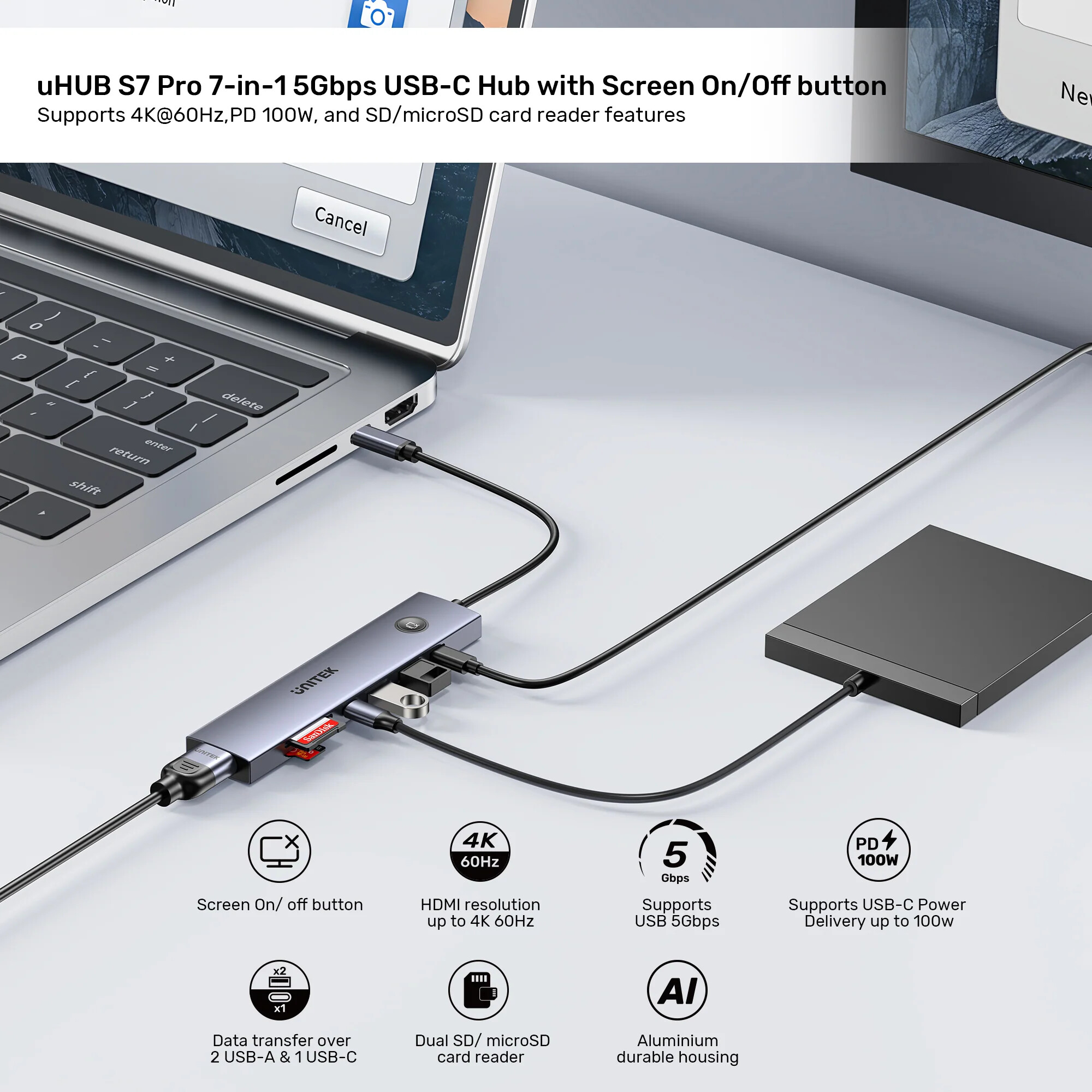 Unitek uHUB S7 Pro 7`si 1 arada 5 Gbps USB-C Hub (H1124AGY01)