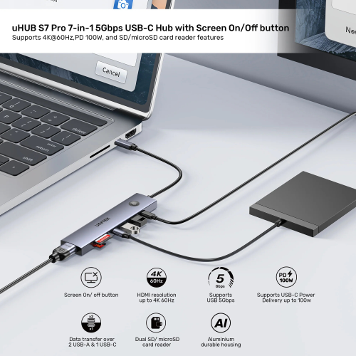 Unitek uHUB S7 Pro 7`si 1 arada 5 Gbps USB-C Hub (H1124AGY01)