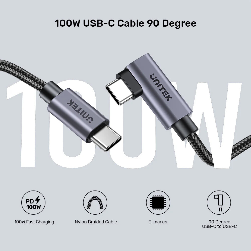 Unitek Type-C to Type-C 100W 5Mt 90 Açı Hızlı Şarj Kablosu (C14123BK-5M)