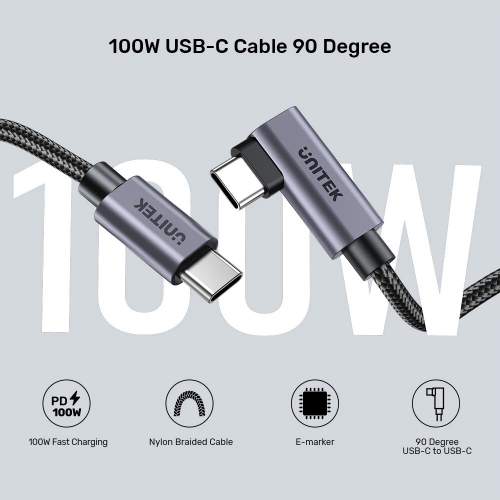 Unitek Type-C to Type-C 100W 5Mt 90 Açı Hızlı Şarj Kablosu (C14123BK-5M)