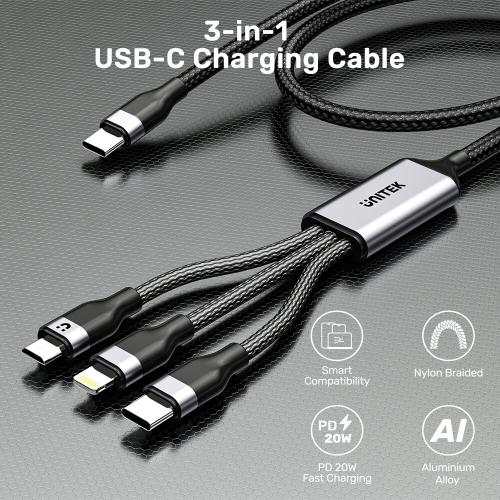 Unitek 3-in-1 USB-C to Lightning / USB-C / Micro USB 1.5M Hızlı Şarj Kablosuı (C14101AGY01-1.5M)