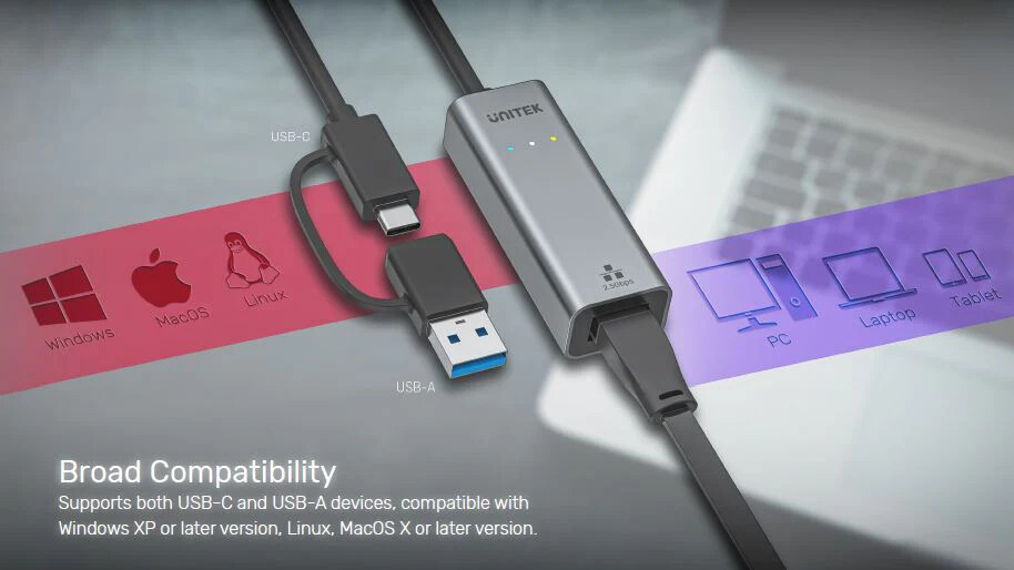 Unitek Hibrit USB-C/USB-A - 2.5G Gigabit Ethernet Adaptörü (U1313CGY01)
