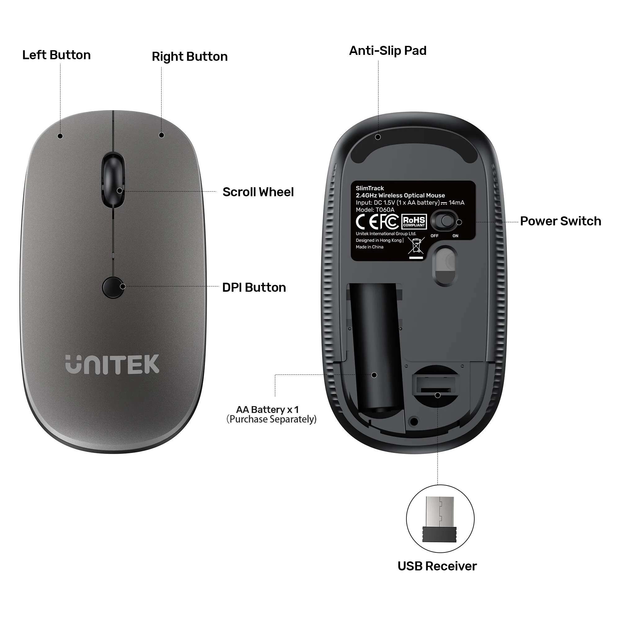 Unitek SlimTrack 2.4GHz Kablosuz Optik Mouse(T060AGY01)