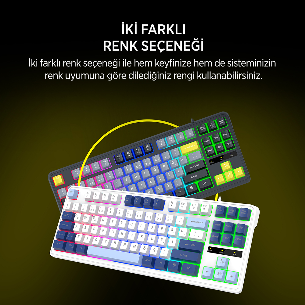 James Donkey JDK87 Rainbow Mekanik Hisli Membran Türkçe Q Gaming 87 Tuş Beyaz Klavye