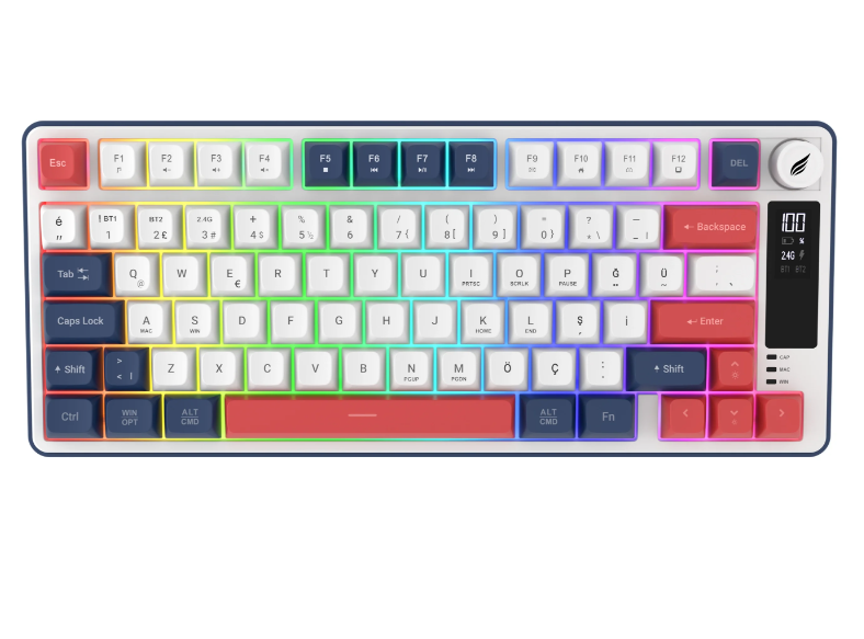 Hawk Gaming HK255BR Membrane LCD RGB Kablosuz/Bluetooth Mavi Kırmızı %75 Türkçe Gaming Klavye