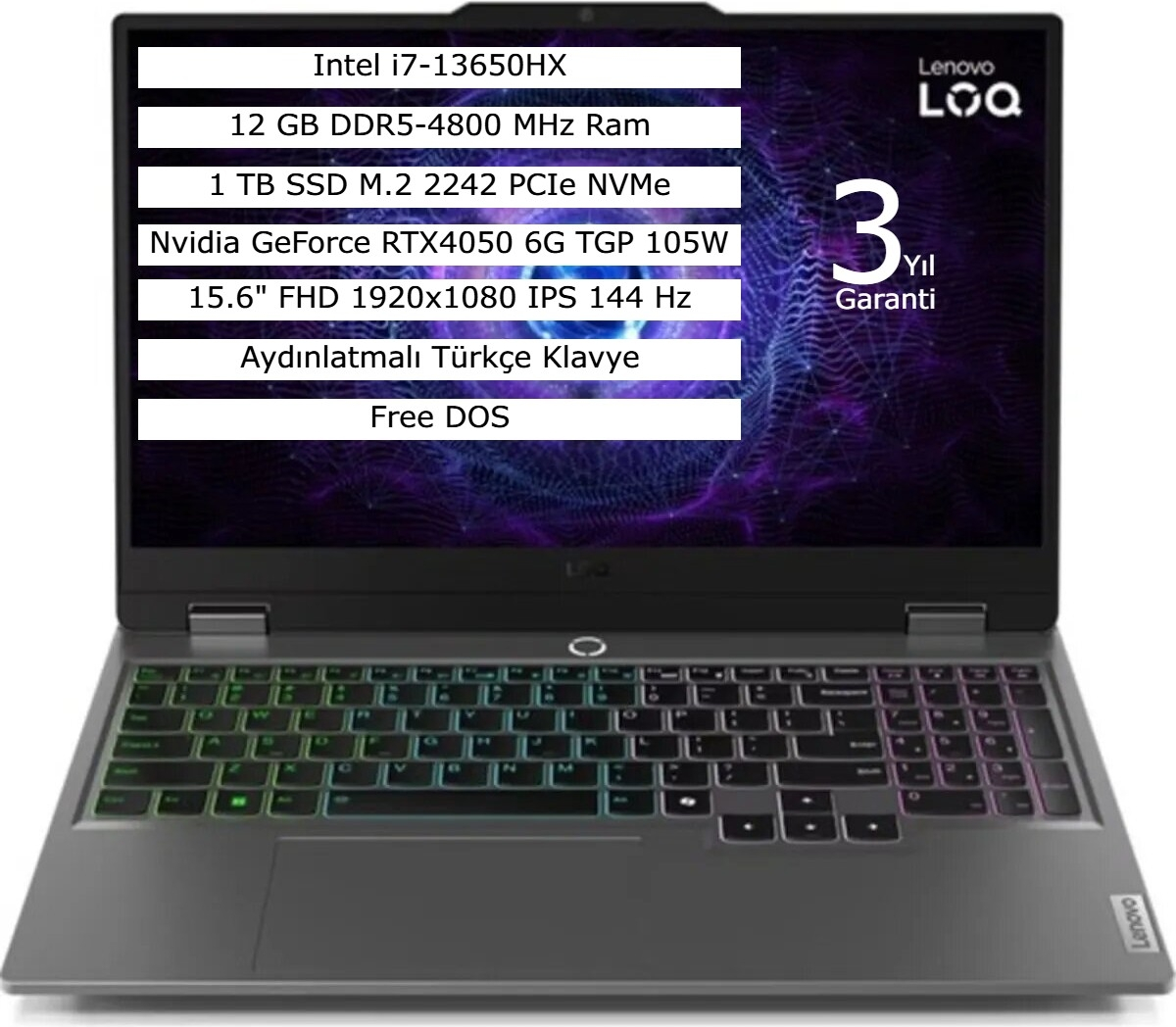 Lenovo LOQ 15IRX9 83DV0118TR i7-13650HX 12GB 1TB SSD RTX4050 15.6″ Gaming Notebook