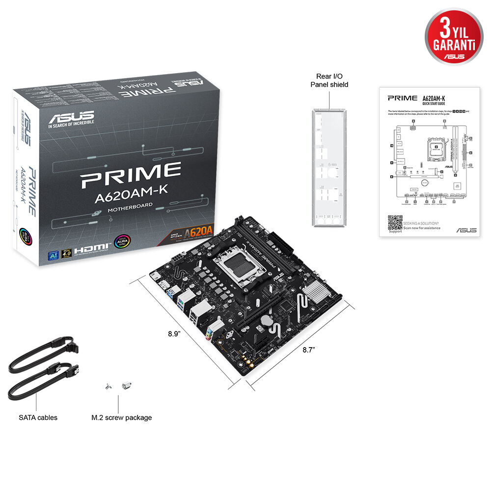 ASUS PRIME A620AM-K 7600Mhz(OC) DDR5 Soket AM5 M.2 DP HDMI mATX (Oyuncu) Anakart
