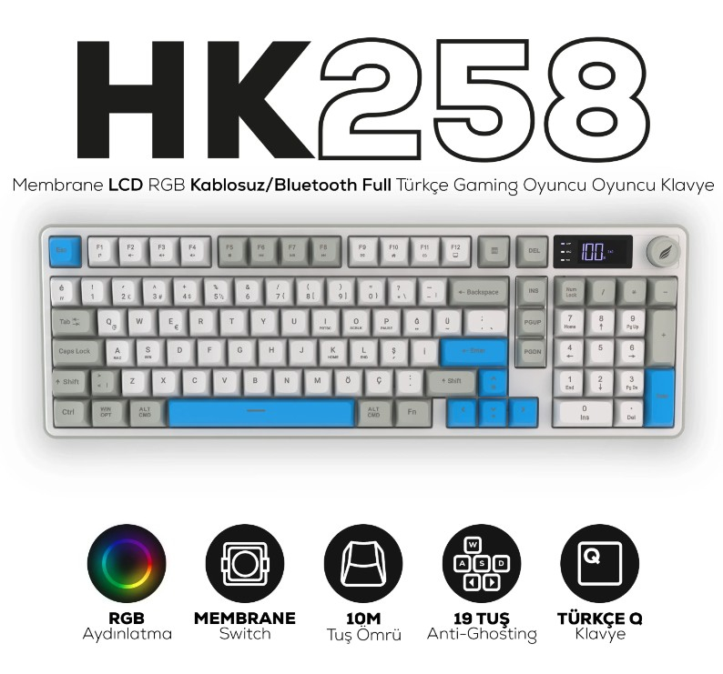 Hawk Gaming HK258 Membrane LCD RGB Kablosuz/Bluetooth Beyaz Full Türkçe Gaming Klavye