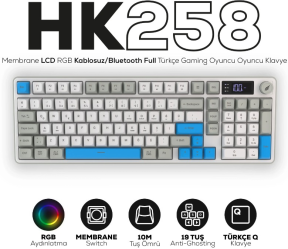 Hawk Gaming HK258 Membrane LCD RGB Kablosuz/Bluetooth Beyaz Full Türkçe Gaming Klavye