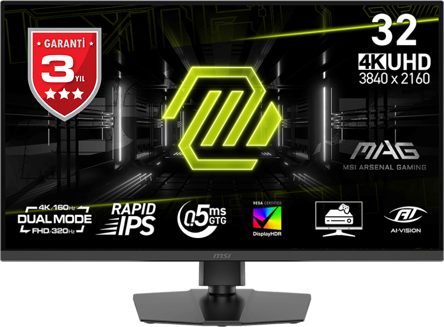 MSI MAG 322URDF E16 31.5″ 160Hz 4K UHD / 0.5ms 320Hz Full HD (Dual Mode) Adaptive Sync Rapid IPS Pivot Gaming Monitör