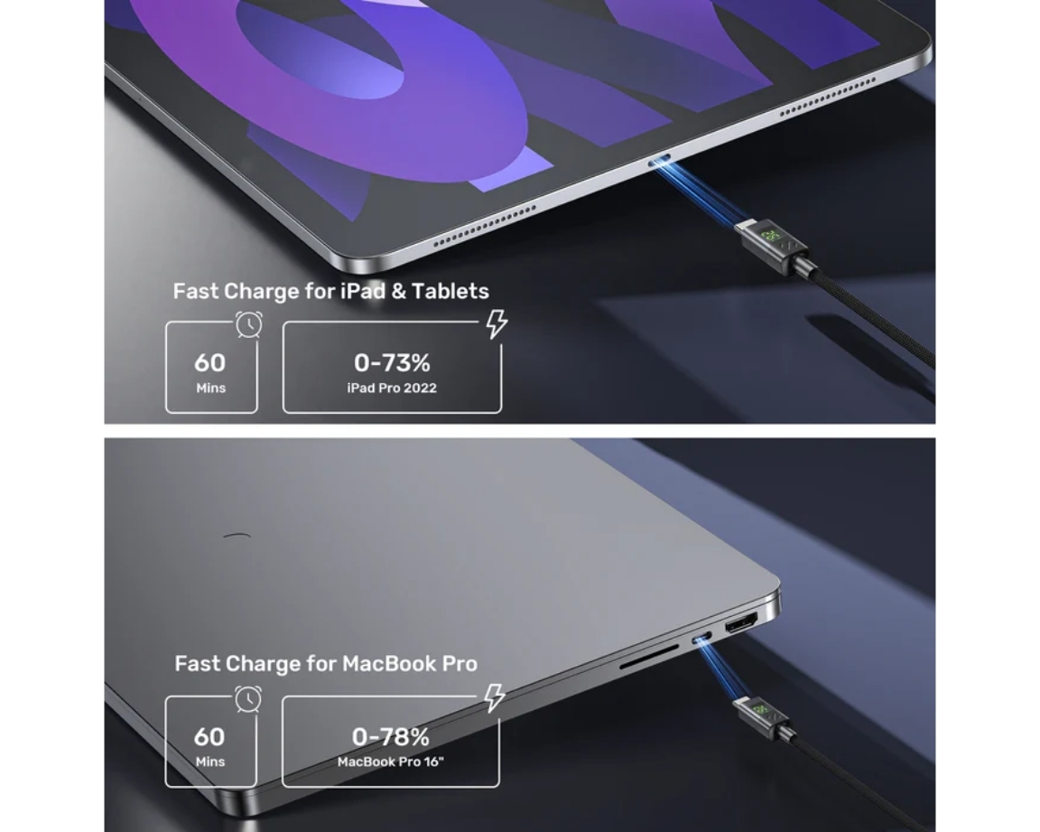 Unitek LED Ekranlı 60W USB-C Şarj Kablosu USB2.0 (C14158ABK01-1M)