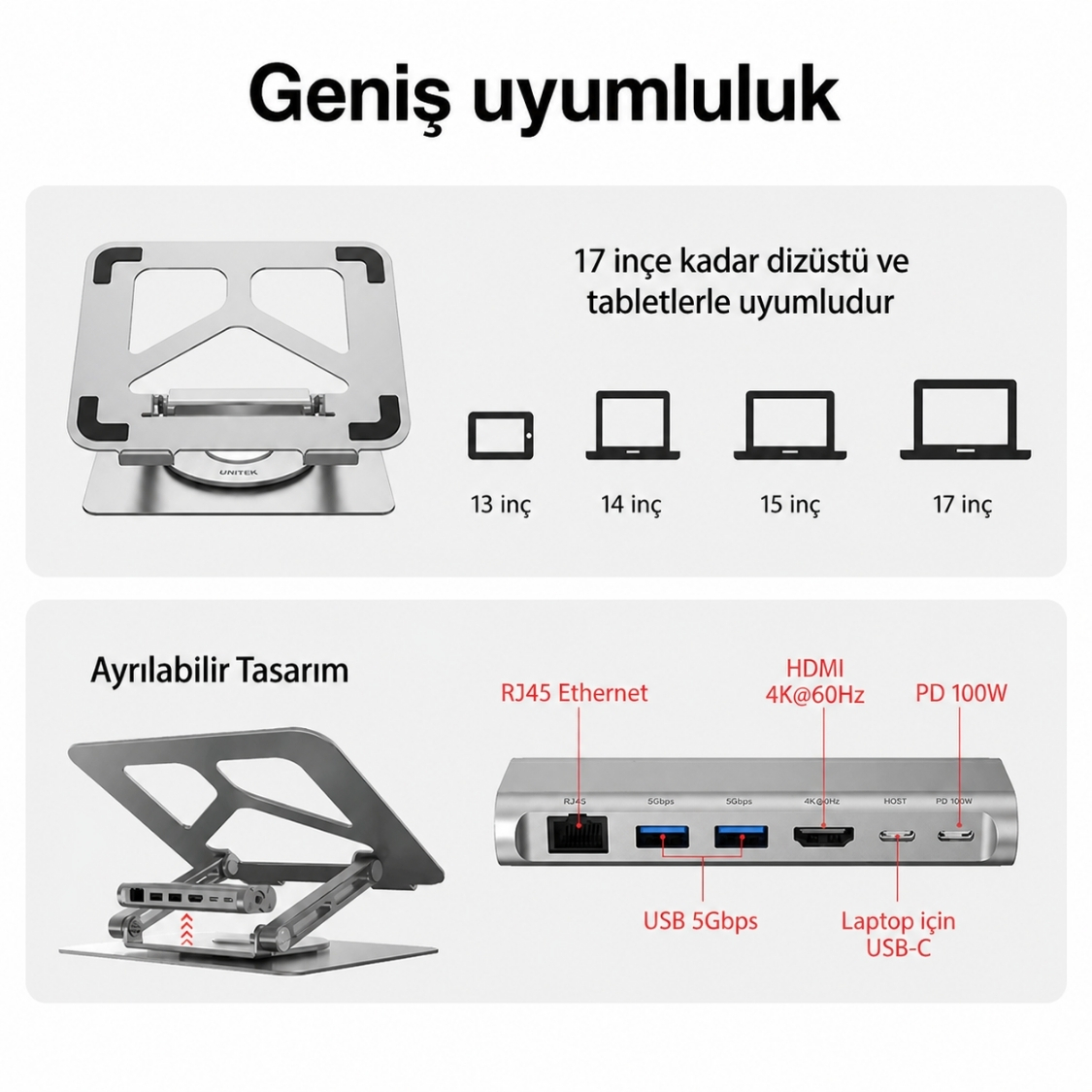 Unitek USB-C Dizüstü Bilgisayar Bağlantı İstasyonu ve Standı (D1109A)