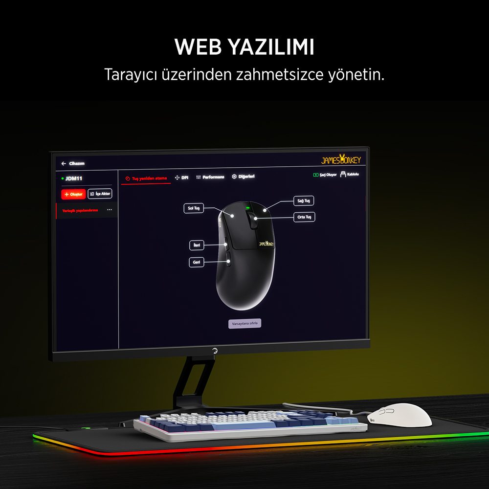 James Donkey JDM11 PAW3311 12.000DPI Triple Mode (Kablolu/Bluetooth/2.4G) Beyaz Gaming Mouse
