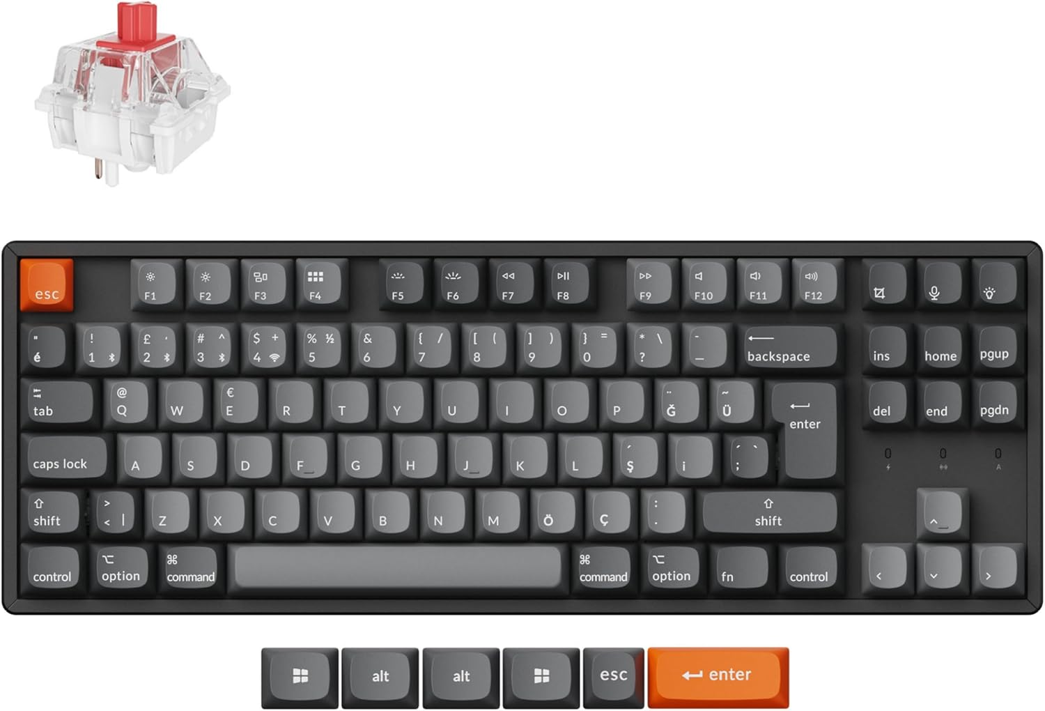 Keychron K8 Max %80 TKL  RGB Red Switch K8M-J1-TR Kablosuz Hotswap Türkçe Mekanik Karbon Siyah Gaming Klavye