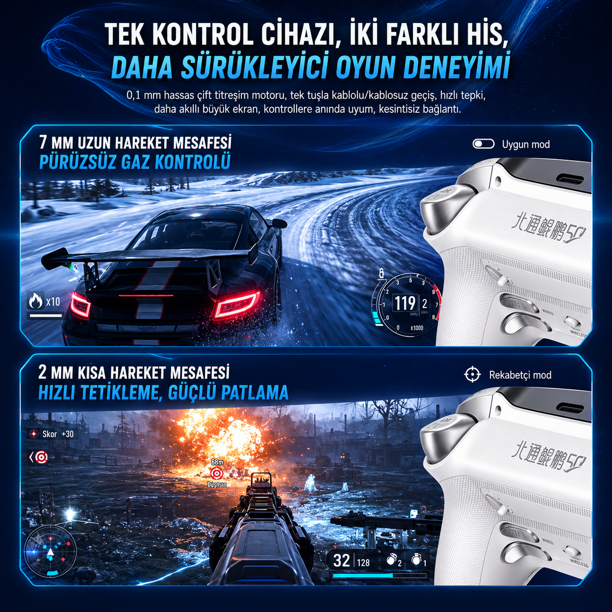BEITONG KP50 Kablosuz Beyaz Gamepad (2.4G, Bluetooth, Kablolu)