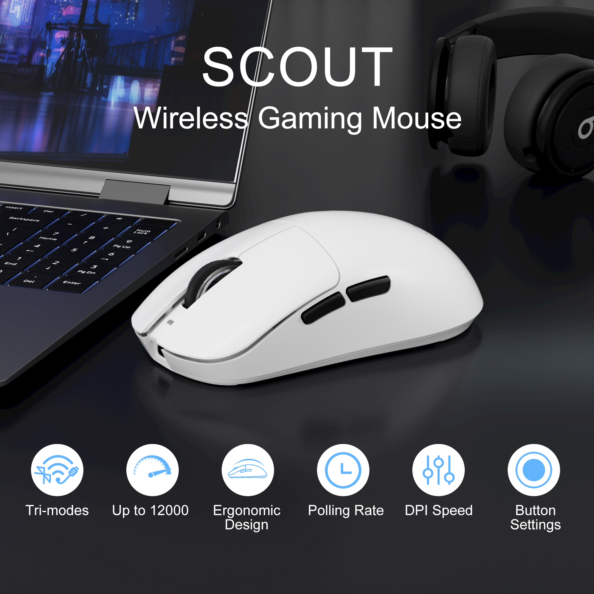 MageGee Scout 12.000DPI Triple Mode (Kablolu/Bluetooth/2.4G) Beyaz Gaming Mouse